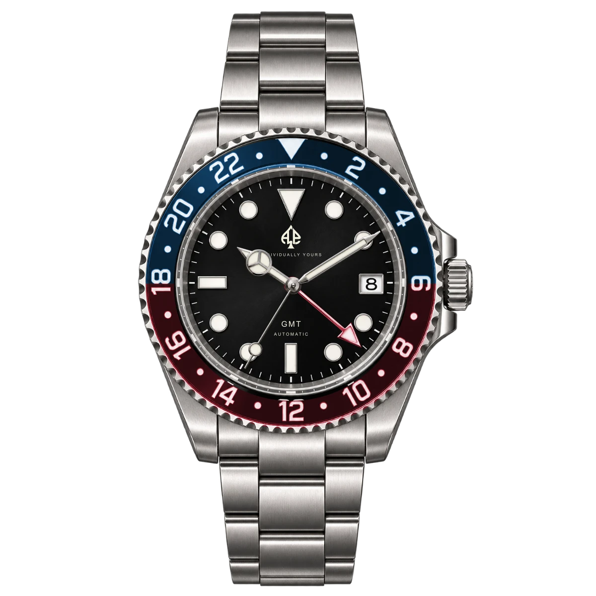 Silver GMT watch with a blue and burgundy bezel — design preview