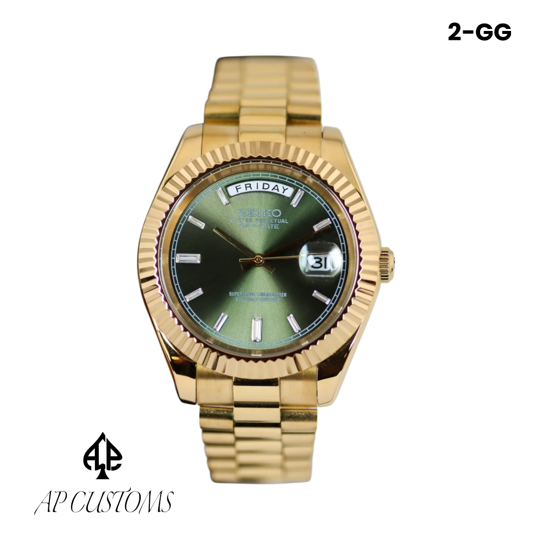 Custom Seiko Day-Date Mod — green dial, gold case