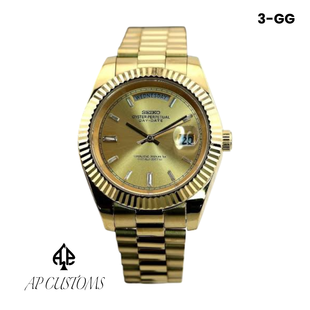 Custom Seiko Day-Date Mod — gold dial, gold case