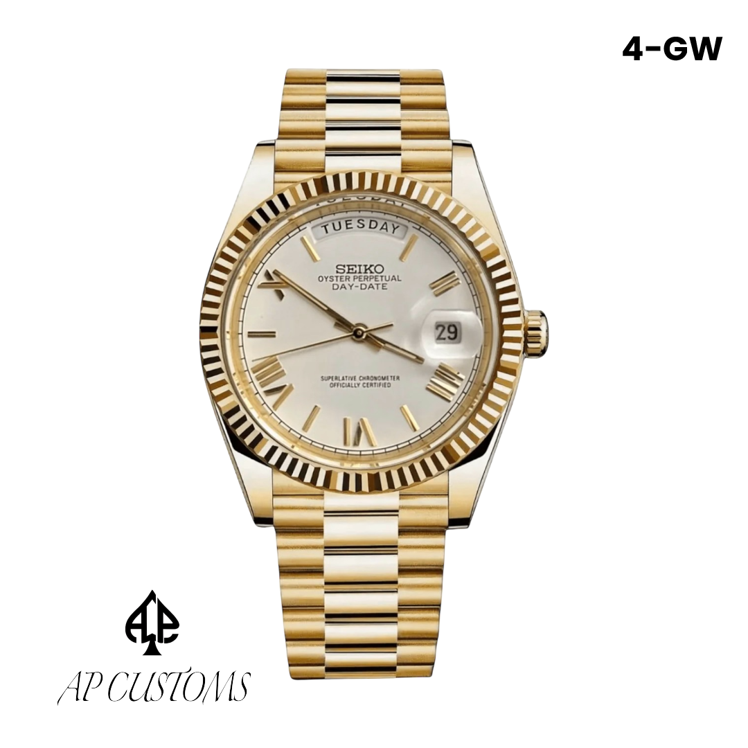 Custom Seiko Day-Date Mod — white dial, gold case