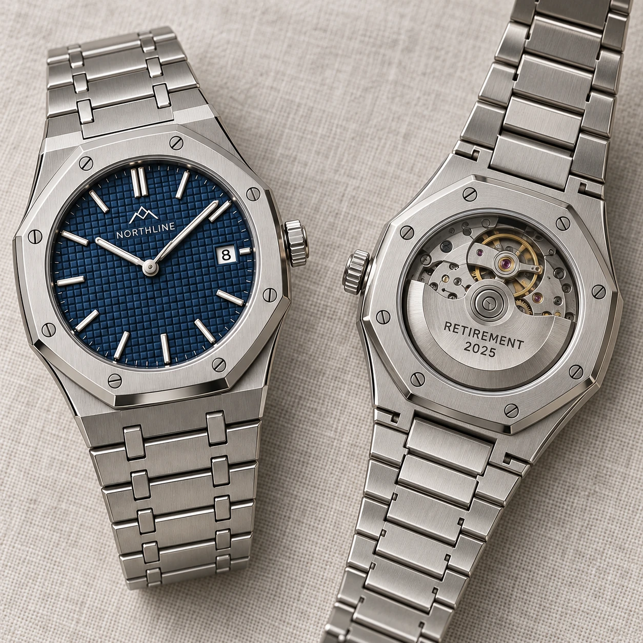 Front and exhibition-back views of a company watch with RETIREMENT 2025 on its rotor