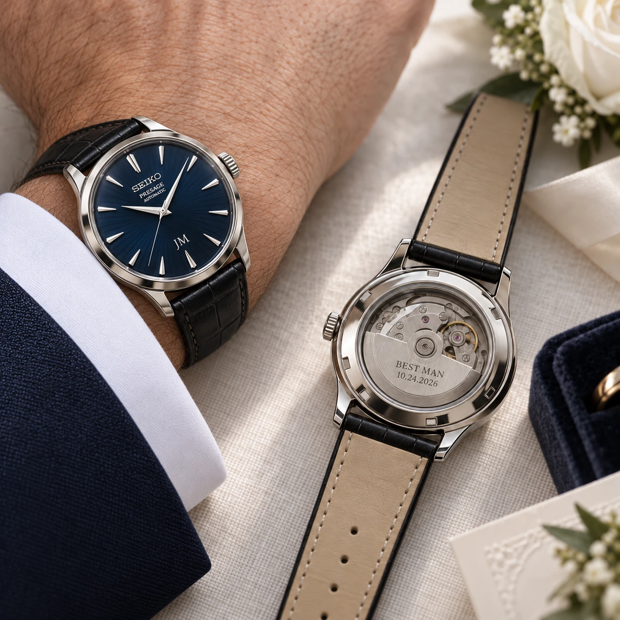 A blue Presage on a wrist beside a matching exhibition caseback with BEST MAN and a wedding date on the rotor